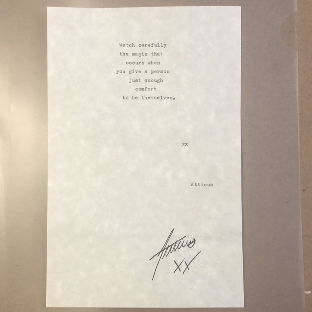 Atticus signed poem “Watch Carefully” in Plastic sleeve